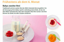 Seite einer Broschüre mit der Überschrift "Frühestens ab dem 6. Monat", darunter Foto eines Tellers