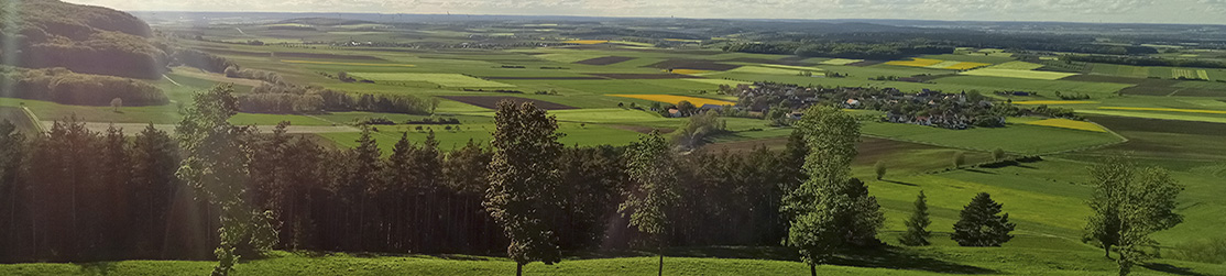 Landschaftspanorama mit Feldern, Wiesen und Wäldern