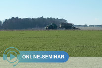 Traktor mit Güllefass auf einem Feld, Schriftzug Online-Seminar