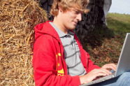 Mann sitzt mit Notebook an Strohballen
